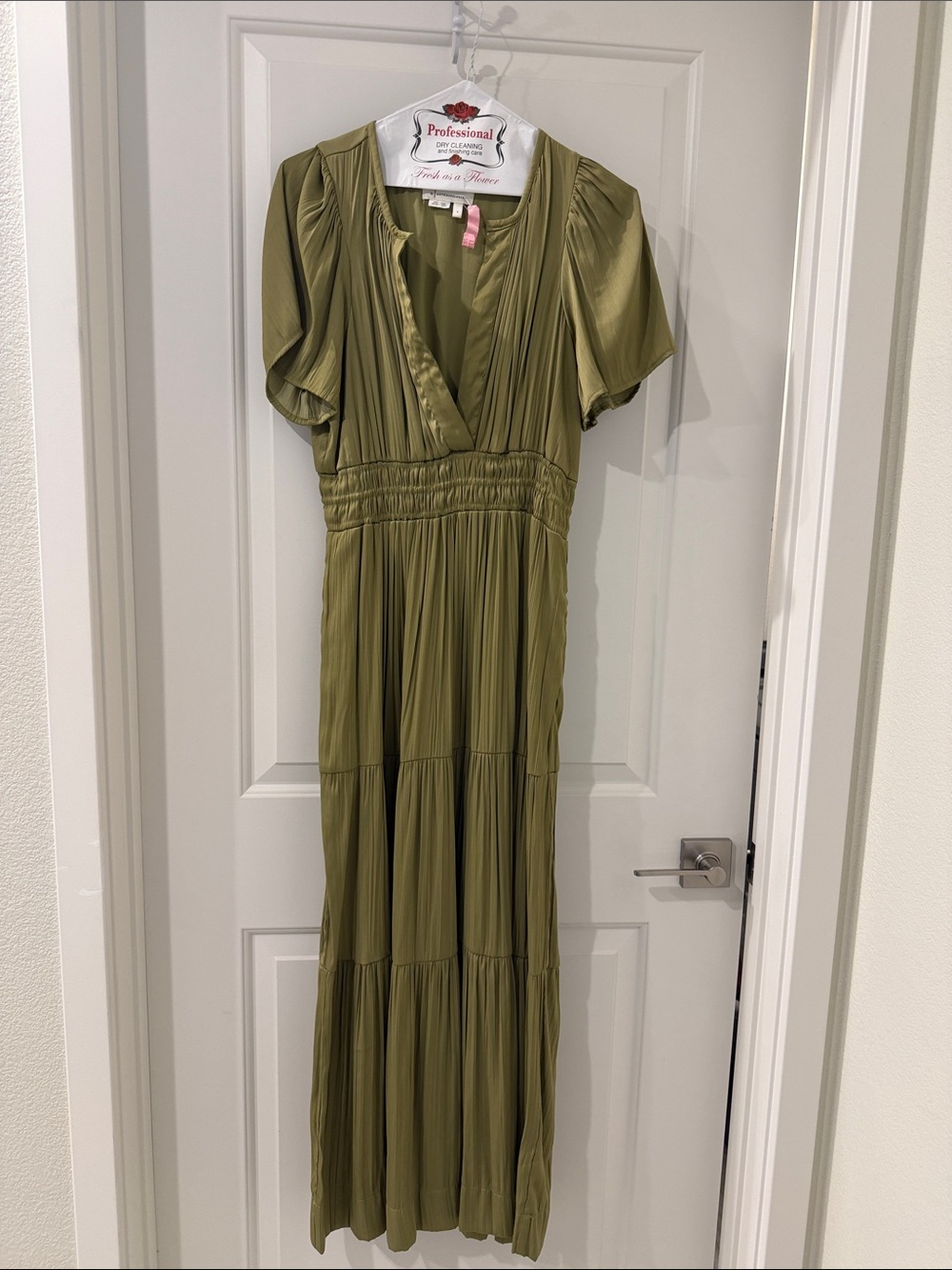Anthropologie Olive Green V-Neck Smocked Waist Tiered Maxi Dress